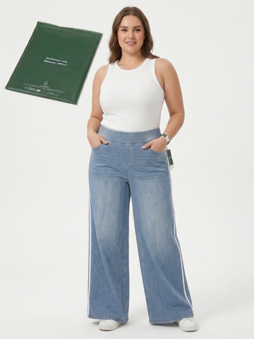 HALARA Light Blue Wide-Leg Jeans with White Side Stripe